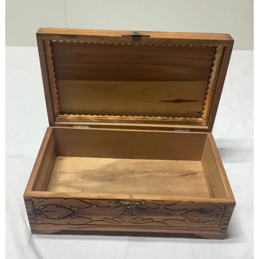 Vintage Carved Cedar Chest Wood Jewelry Box 11 x 6 